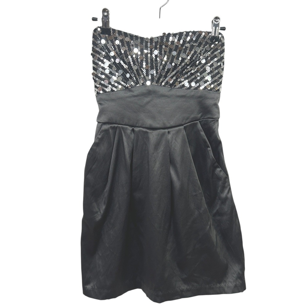 Glam‎ Y2K Strapless Sequin Sweetheart Mini Dress XS Grey Sparkly Party Cocktail